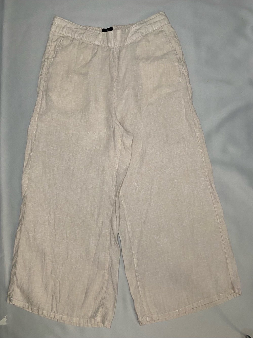 Tahari Pants Womens Large Beige 100% Linen Wide Leg Cropped Elastic Waist